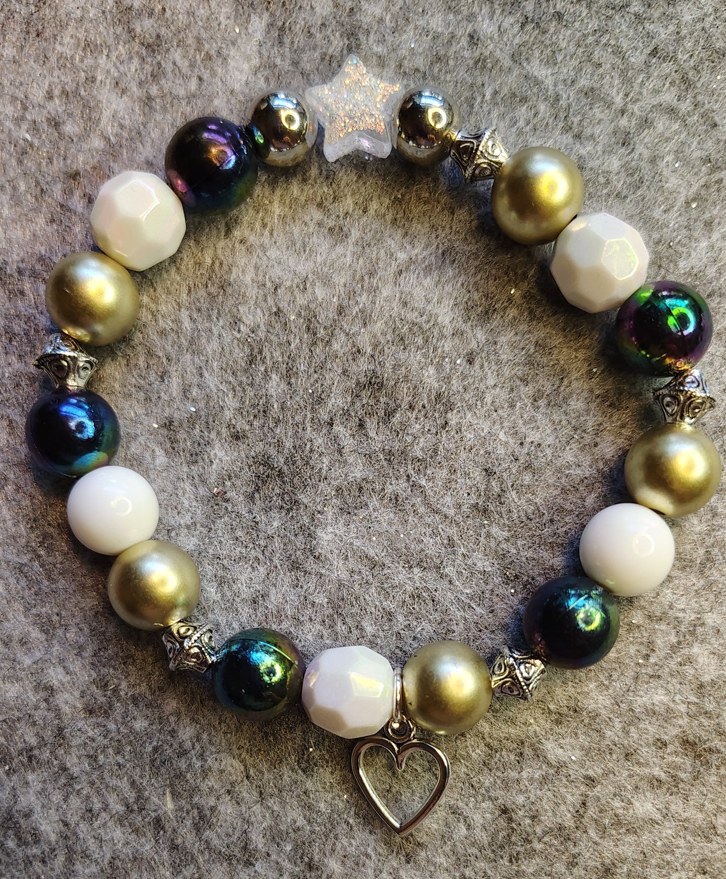 Handmade stretchy bracelet, multicolor with moon and silver heart
