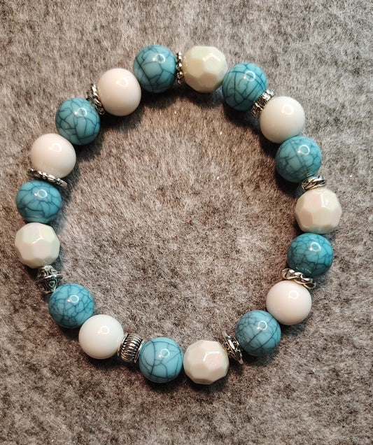 Handmade stretchy bracelet, turquoise, white & silver